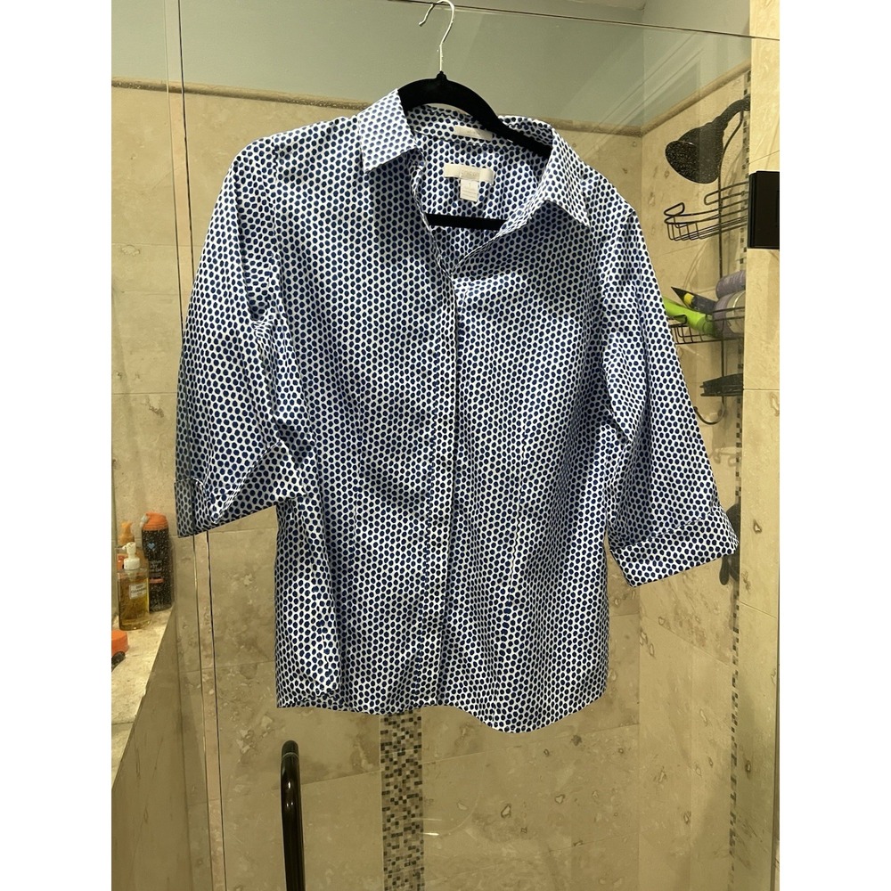 Chico's Blue & White Dot Print Button Front 3/4 Sleeve Blouse M 1 No Iron Cotton